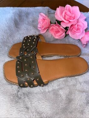 Nicole Miller Olive Green Studded Slide Sandals
